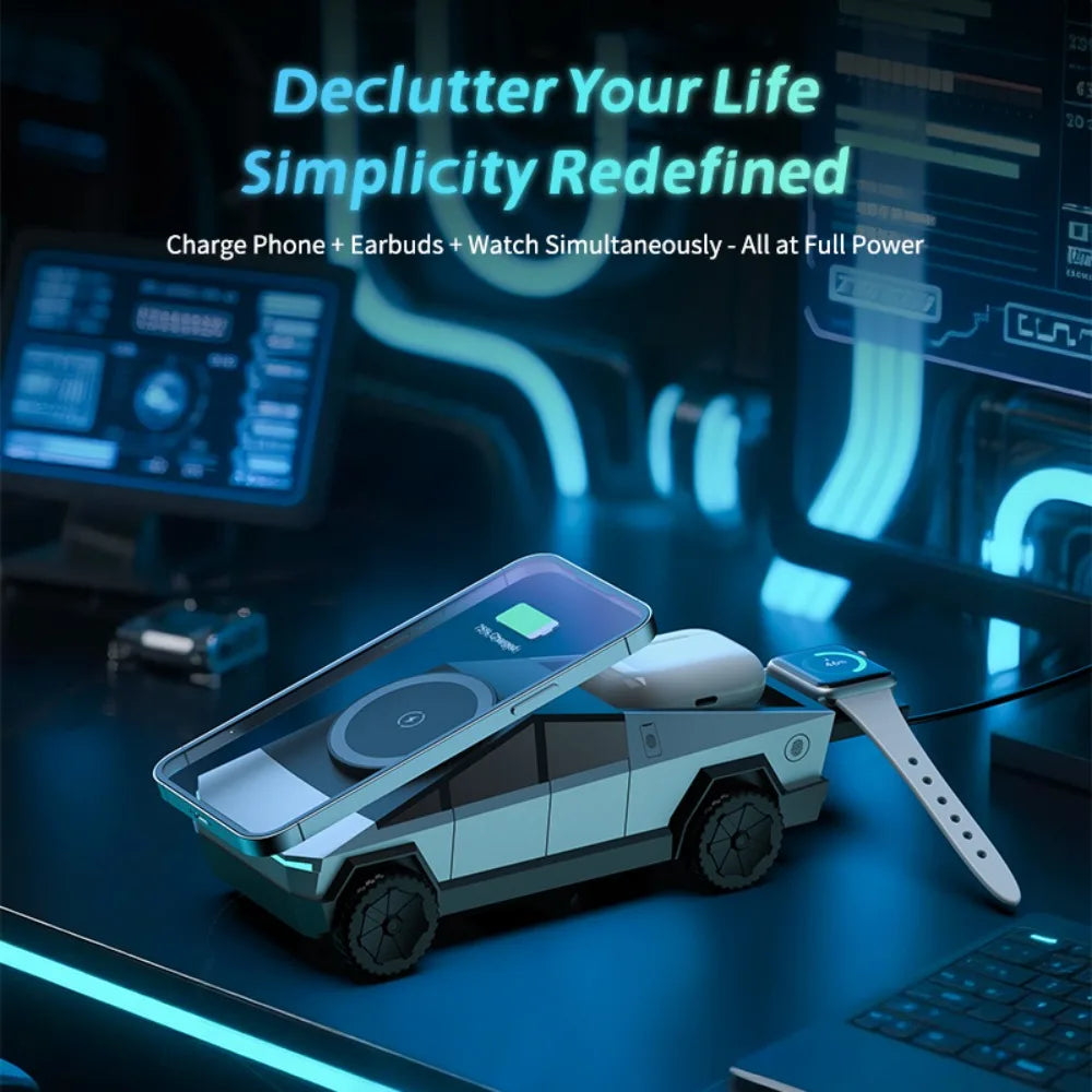 Desktop Cybertruck 3 in 1 Magnetic Fast Wireless Charger Phone Stand for Iphone 16 15 Pro Max, Apple & Samsung Watch Airpods Pro