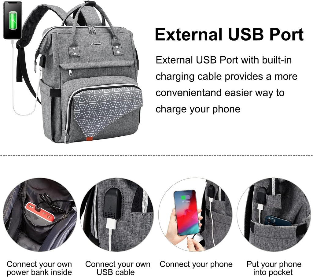 Laptop Backpack Women 17 Inch Travel Casual Daypack College Backpack Teacher Doctor Nurse Work Bags Computer Backpack Purse with USB Port Water Resistant,Grey