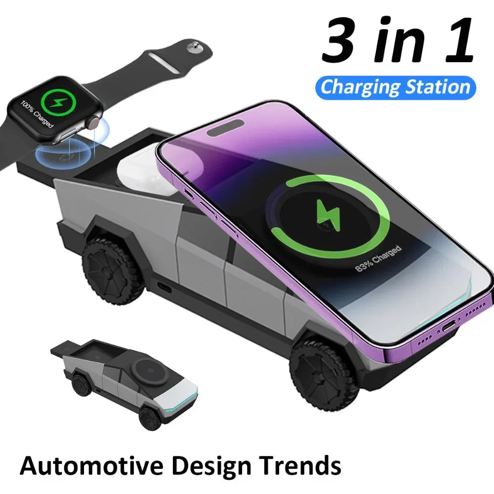 Desktop Cybertruck 3 in 1 Magnetic Fast Wireless Charger Phone Stand for Iphone 16 15 Pro Max, Apple & Samsung Watch Airpods Pro