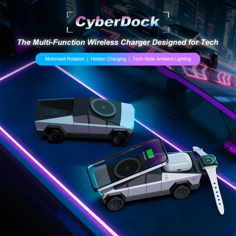 Desktop Cybertruck 3 in 1 Magnetic Fast Wireless Charger Phone Stand for Iphone 16 15 Pro Max, Apple & Samsung Watch Airpods Pro
